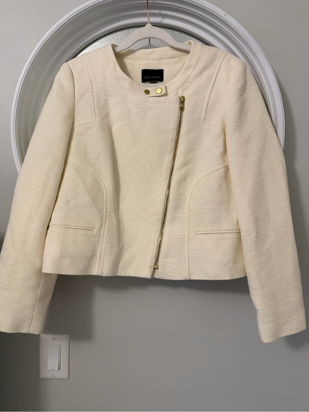 Judith & Charles Cream Textured Asymmetrical Zip Blazer Moto Jacket Size sz10
